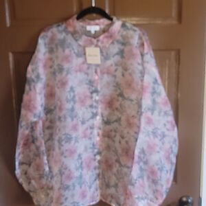 Petal Dew-Organza pink and green floral buttoned down front shirt 2XL. NWT.